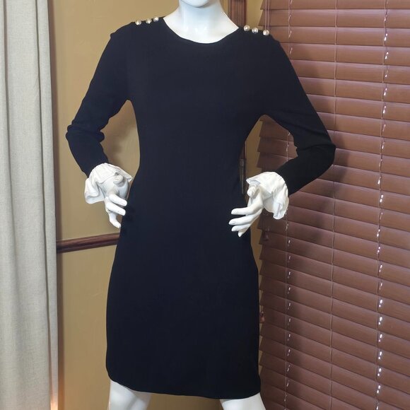 TOMMY HILFIGER Black Sweater Dress White Ruffle Cuffs size M - Picture 1 of 12